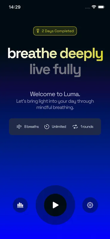 Luma iOS breathing timer session overview and start screen