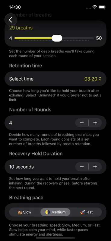 Luma customizable breathing cycles and round duration settings